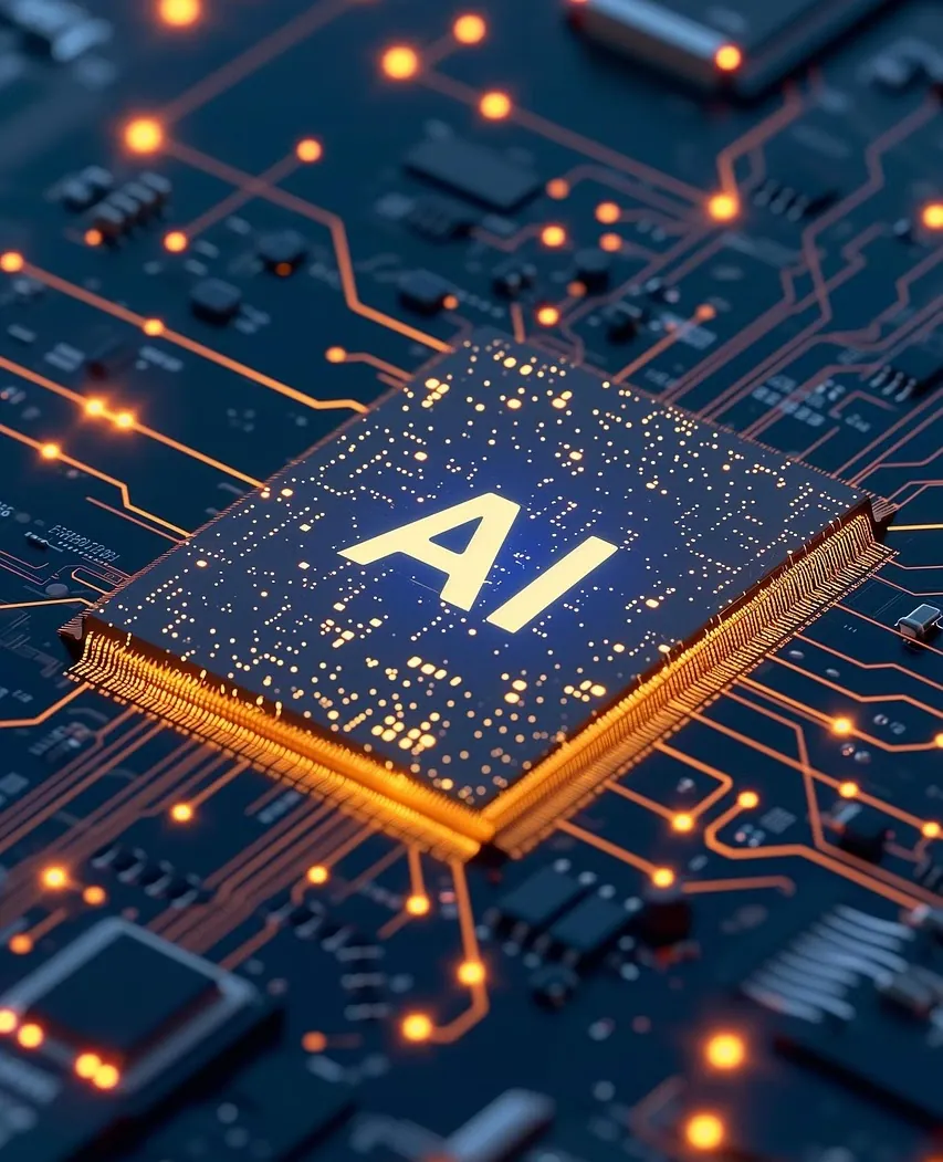 AI processor chip glowing on a circuit board