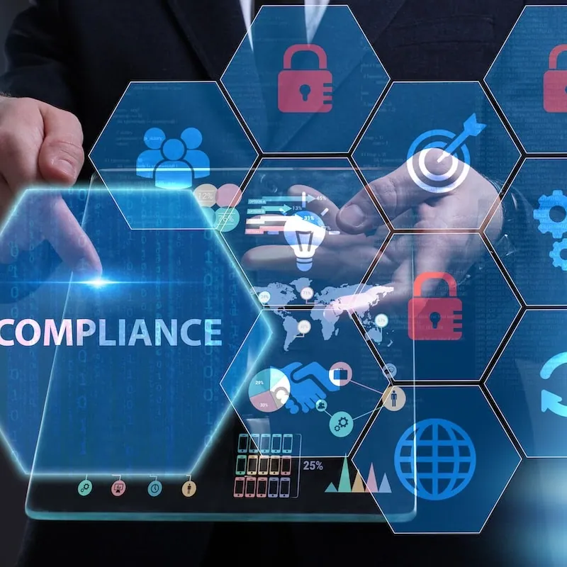 Hexagonal compliance dashboard with locks, charts, and risk indicators
