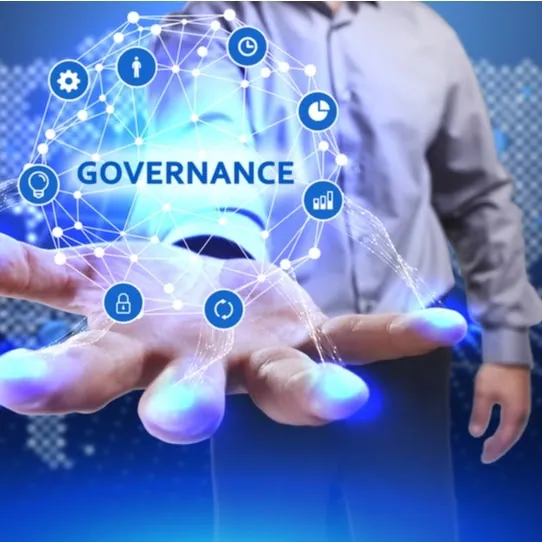 Person holding a holographic 'GOVERNANCE' wheel with icons of role, time, charts, and security