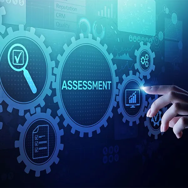 Interface with gears, an ASSESSMENT label, and finger interacting