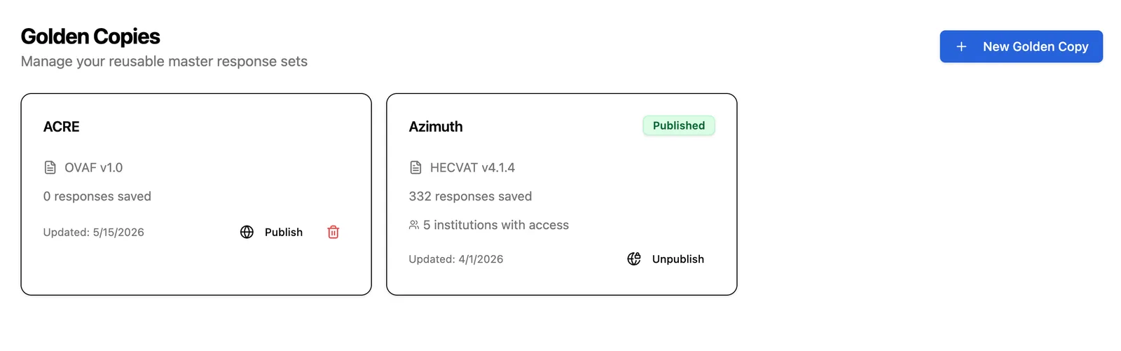 Azimuth Golden Copy catalog: reusable master response sets per framework (HECVAT, OVAF), with one set shown serving 332 responses to 5 institutions and a published/unpublished sharing lifecycle